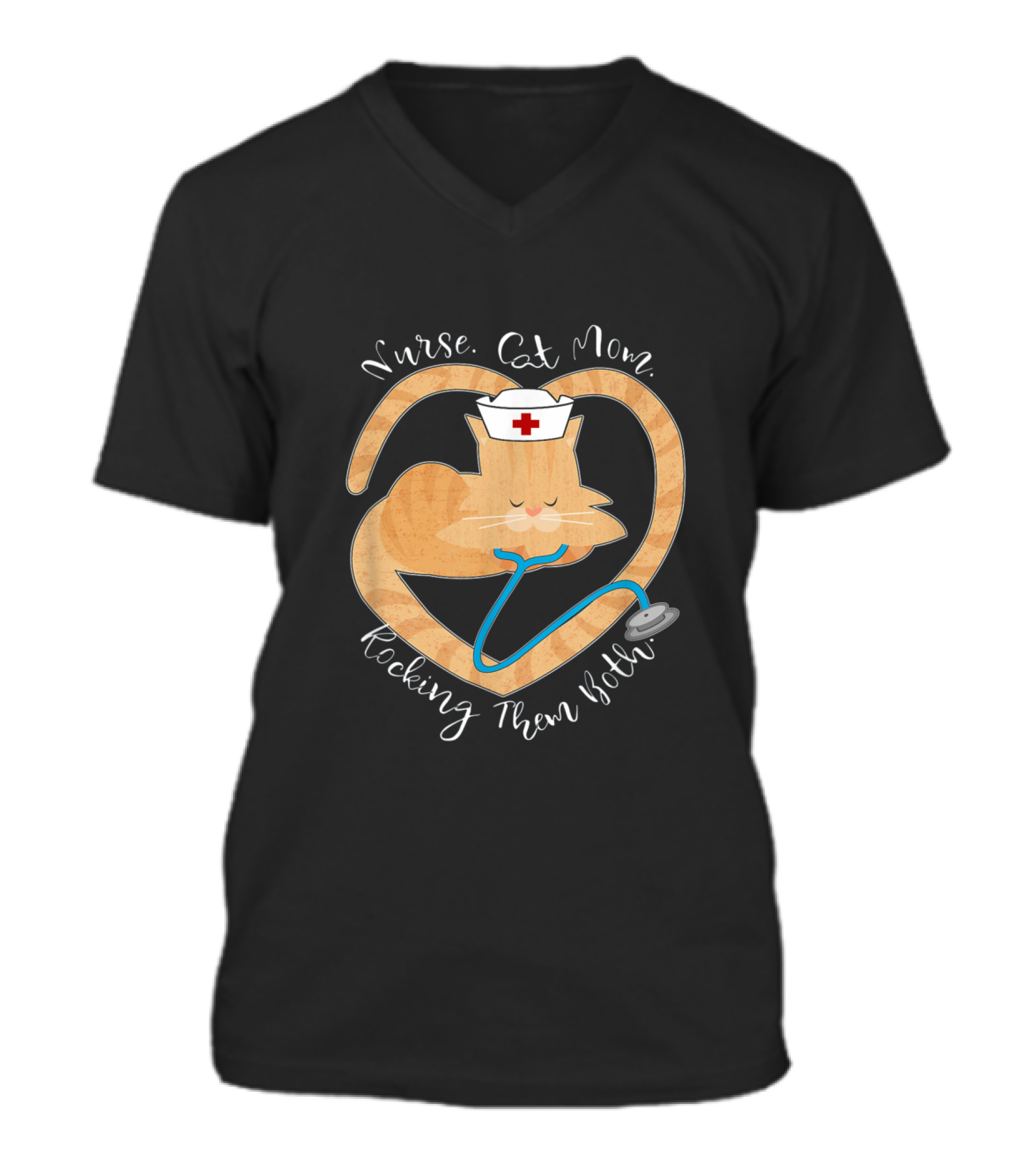 Nurse - Cat Mom - Rocking Them Both Funny V-Neck Unisex T-Shirt