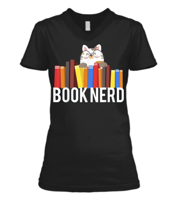 Book Nerd Cat Lovers Cute and Funny Rea V-Neck Womens T-Shirt Book Nerd Cat Lovers Cute and Funny Rea V-Neck Womens T-Shirt