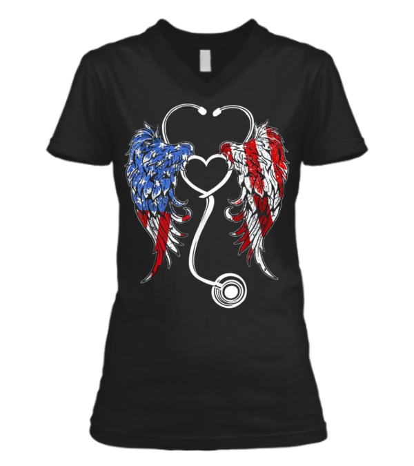 Nurse Angel Wings Patriotic For The 4 V-Neck Womens T-Shirt Nurse Angel Wings Patriotic For The 4 V-Neck Womens T-Shirt
