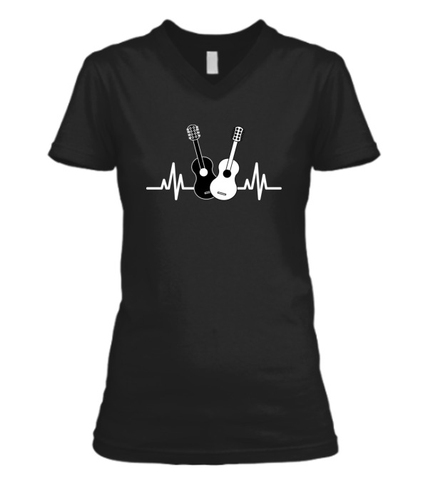 Acoustic Guitar Heartbeat Musician V-Neck Womens T-Shirt Acoustic Guitar Heartbeat Musician V-Neck Womens T-Shirt